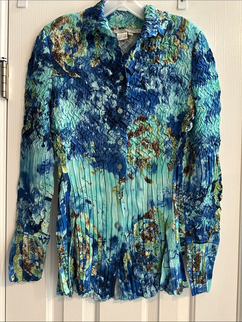 Y2K 2000s Pleated Crinkle Long Sleeve S Ocean Abstract Boho Chic Abstract Artsy
